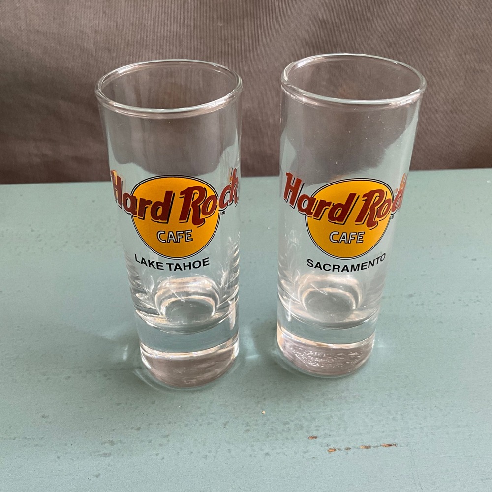 2 Hard Rock Cafe Shot Glasses Lake Tahoe Sacramento Souvenir Shooters Barware
